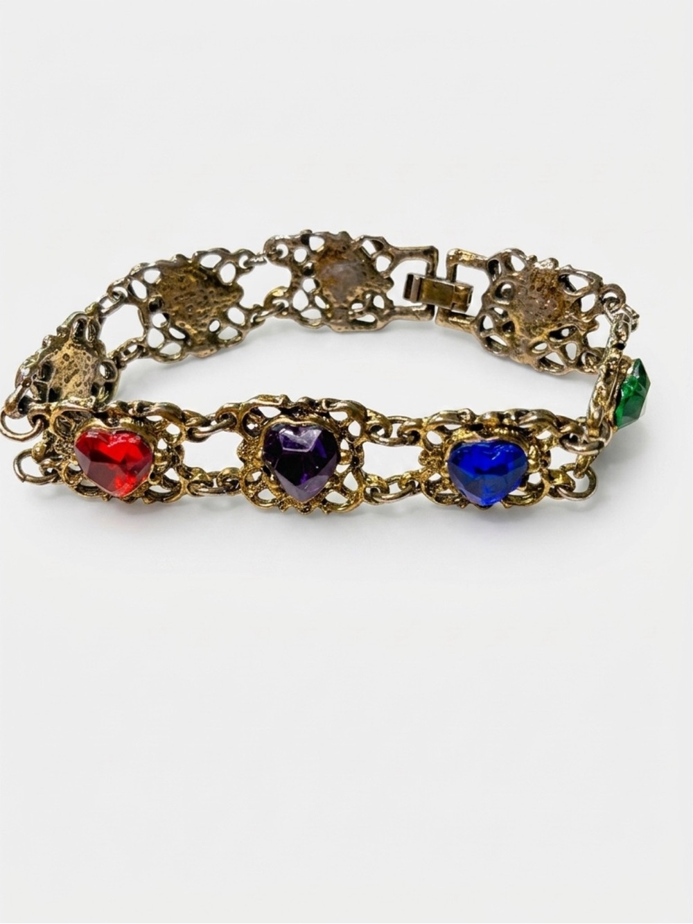 Multicolor Heart Gem Link Bracelet - Gold Tone
